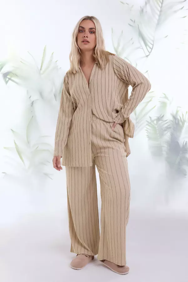 Yours Curve Natural Brown Textured Pinstripe Wide Leg Trousers, Women's Curve & Plus Size, Yours