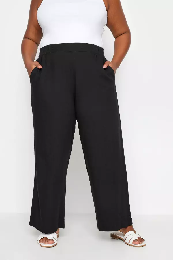 Yours Curve Black Pull On Wide Leg Linen Trousers, Women's Curve & Plus Size, Yours