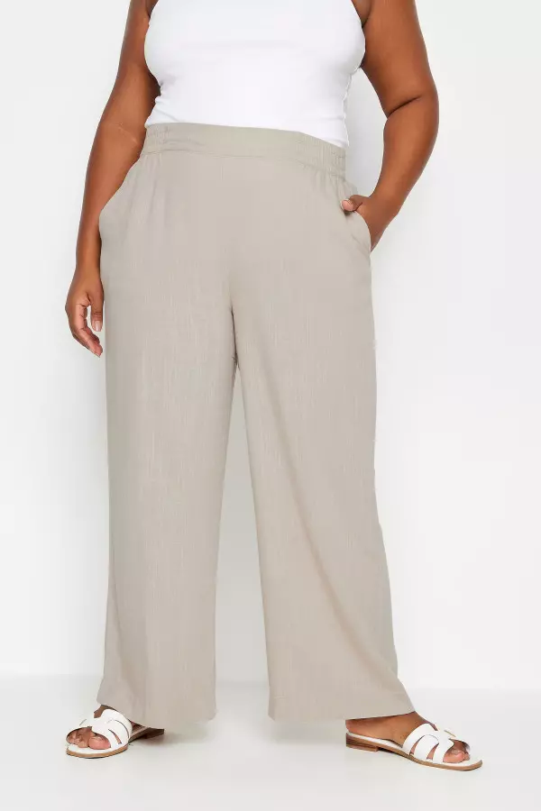 Yours Curve Stone Brown Pull On Wide Leg Linen Trousers, Women's Curve & Plus Size, Yours