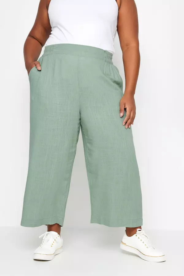 Yours Curve Sage Green Wide Leg Cropped Linen Trousers, Women's Curve & Plus Size, Yours