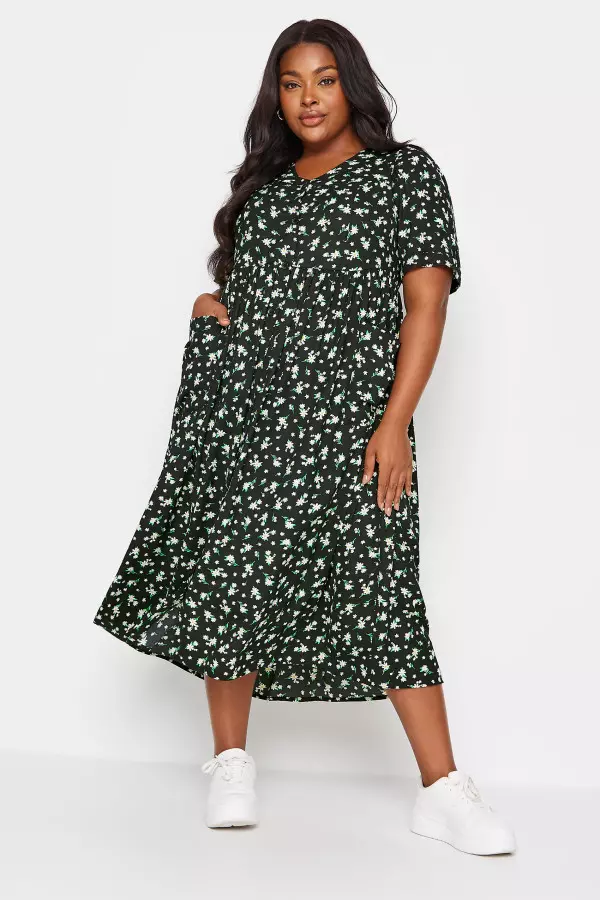 Yours Curve Black Daisy Print Smock Midaxi Dress, Women's Curve & Plus Size, Yours