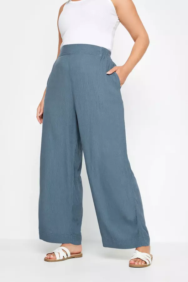 Yours Curve Blue Pull On Wide Leg Linen Trousers, Women's Curve & Plus Size, Yours