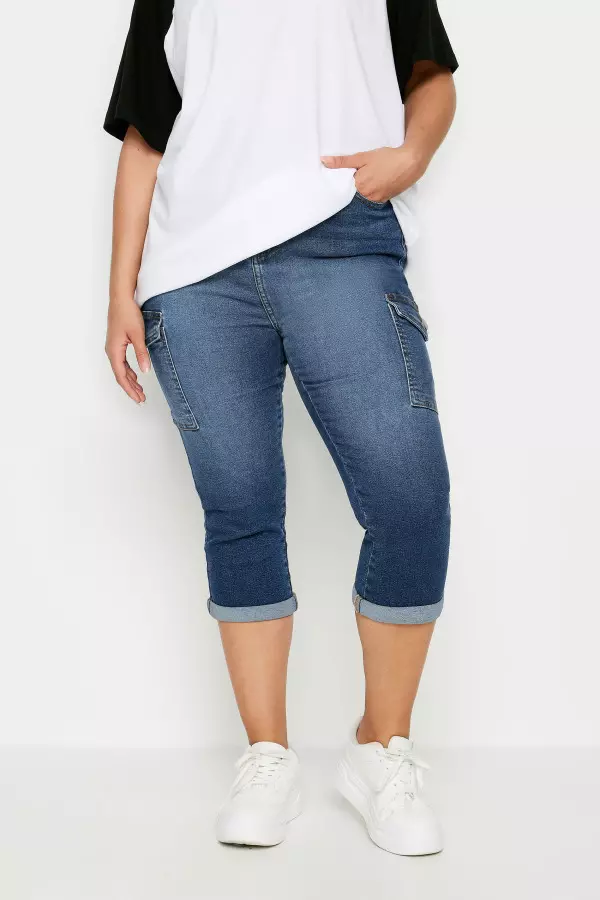 Yours Curve Mid Blue Denim Cropped Cargo Jeans, Women's Curve & Plus Size, Yours
