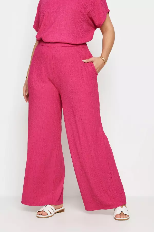 Yours Curve Pink Crinkle Plisse Wide Leg Trousers, Women's Curve & Plus Size, Yours