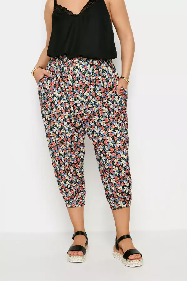 Yours Curve Black Ditsy Floral Print Cropped Harem Trousers, Women's Curve & Plus Size, Yours