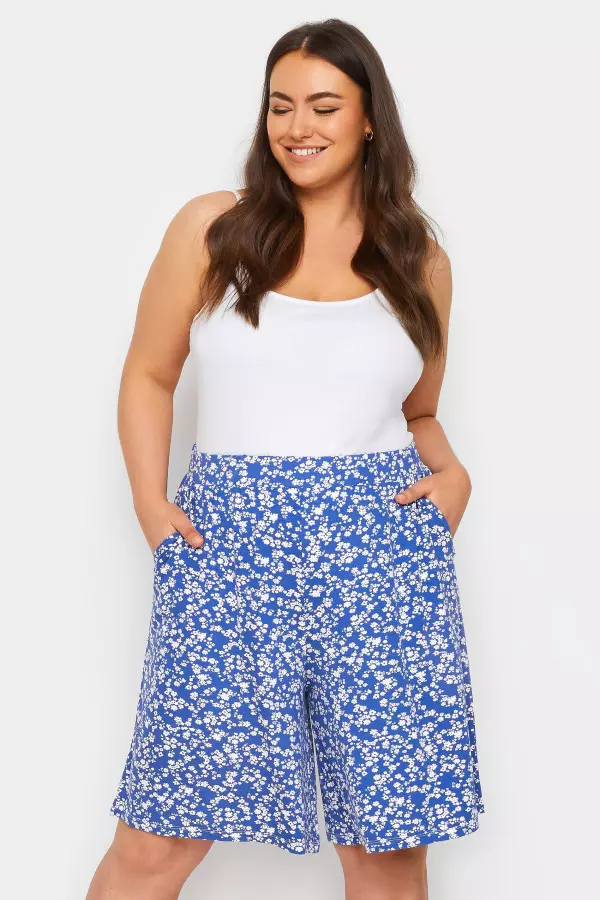 Yours Curve Blue Ditsy Floral Print Pull On Shorts, Women's Curve & Plus Size, Yours