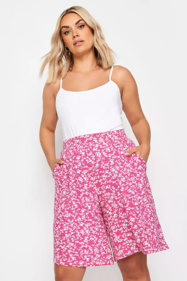 Yours Curve Pink Ditsy Floral Print Pull On Shorts, Women's Curve & Plus Size, Yours