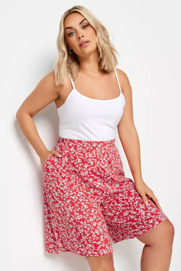 Yours Curve Red Ditsy Floral Print Pull On Shorts, Women's Curve & Plus Size, Yours