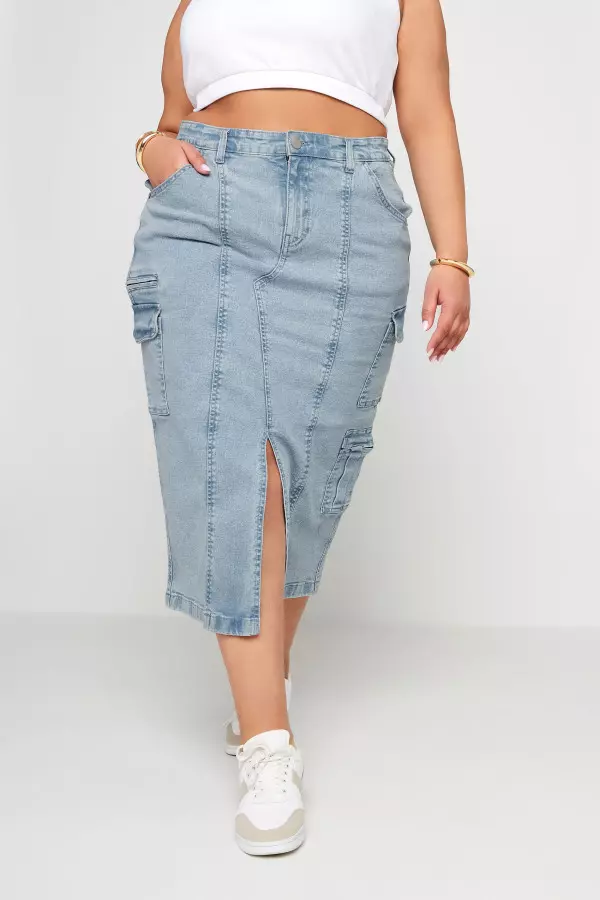 Yours Curve Light Blue Zip Pocket Maxi Skirt, Women's Curve & Plus Size, Yours