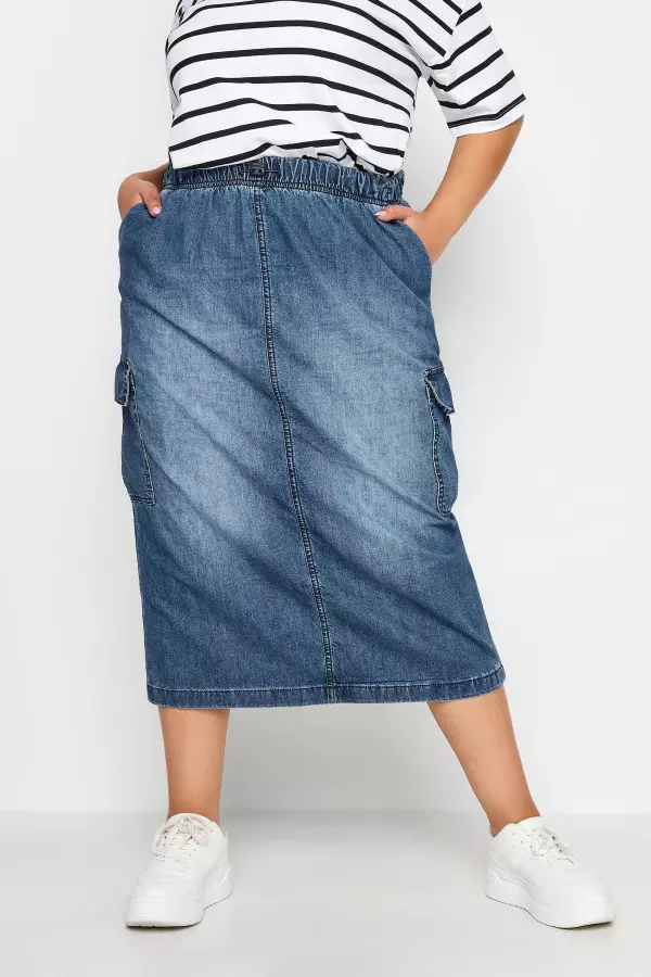Limited Collection Curve Blue Denim Parachute Skirt, Women's Curve & Plus Size, Yours