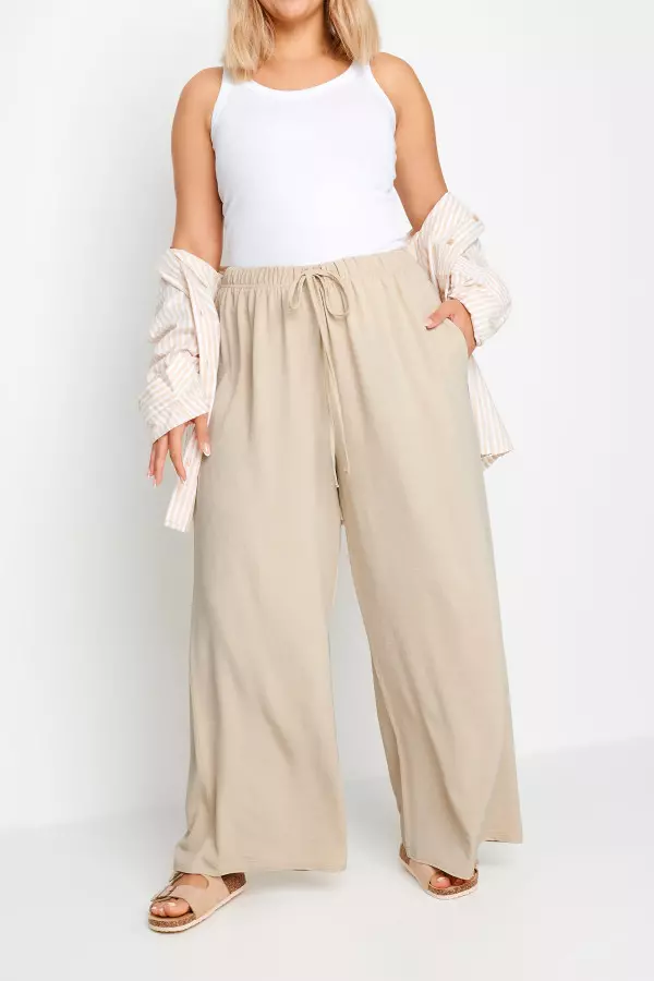 Yours Curve Beige Brown Twill Wide Leg Trousers, Women's Curve & Plus Size, Yours