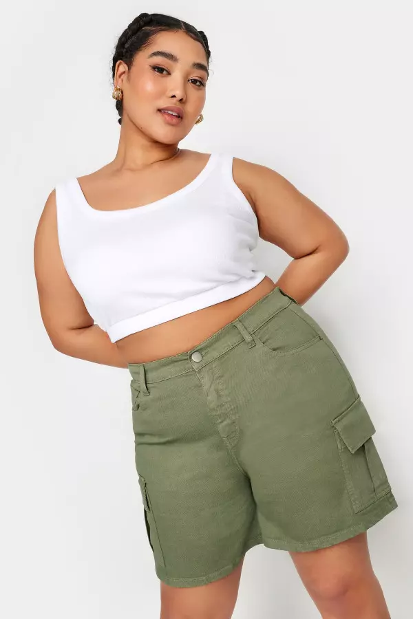 Yours Curve Khaki Green Denim Cargo Shorts, Women's Curve & Plus Size, Yours