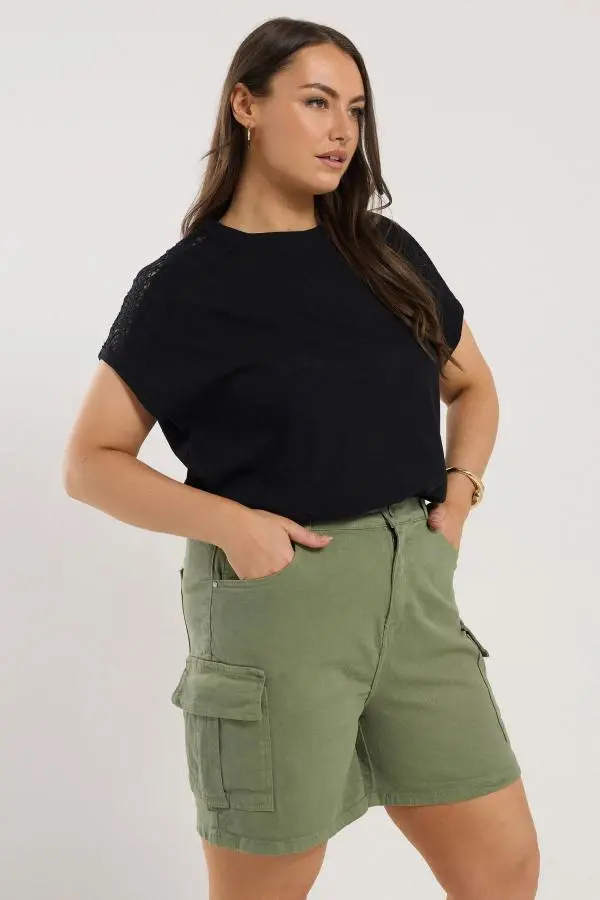 Yours Curve Khaki Green Stretch Denim Cargo Shorts, Women's Curve & Plus Size, Yours