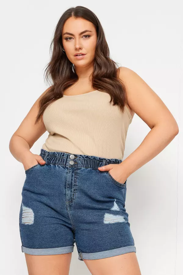 Yours Curve Mid Wash Blue Ripped Denim Shorts, Women's Curve & Plus Size, Yours