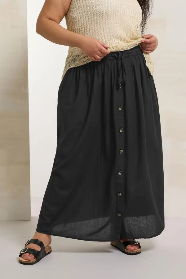 Yours Curve Black Button Front Chambray Maxi Skirt, Women's Curve & Plus Size, Yours
