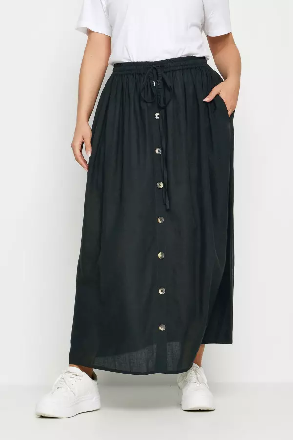 Yours Curve Black Button Front Linen Maxi Skirt, Women's Curve & Plus Size, Yours