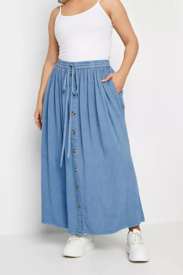 Yours Curve Blue Chambray Button Front Maxi Skirt, Women's Curve & Plus Size, Yours