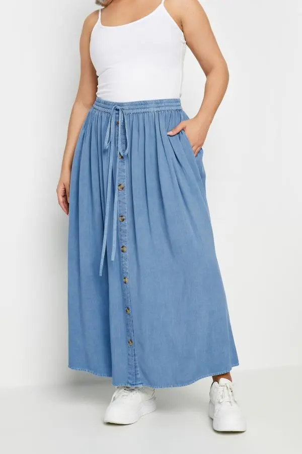 Yours Plus Size Blue Chambray Button Front Maxi Skirt Size 38-40