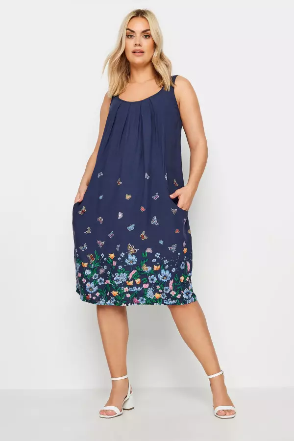 Yours Curve Navy Blue Butterfly Print Pocket Dress, Women's Curve & Plus Size, Yours