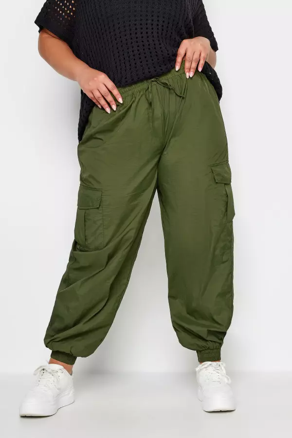 Yours Curve Khaki Green Cargo Pocket Parachute Trousers, Women's Curve & Plus Size, Yours