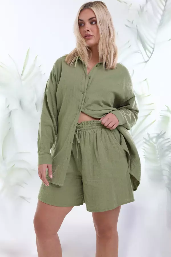 Yours Curve Khaki Green Cheesecloth Shorts, Women's Curve & Plus Size, Yours