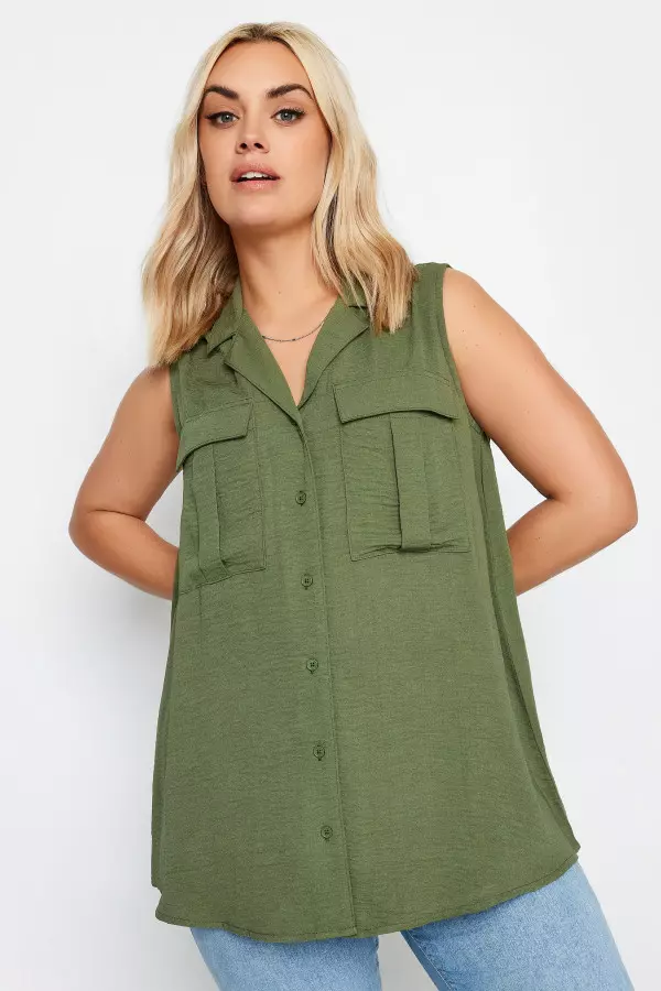 Yours Curve Khaki Green Sleeveless Utility Shirt, Women's Curve & Plus Size, Yours