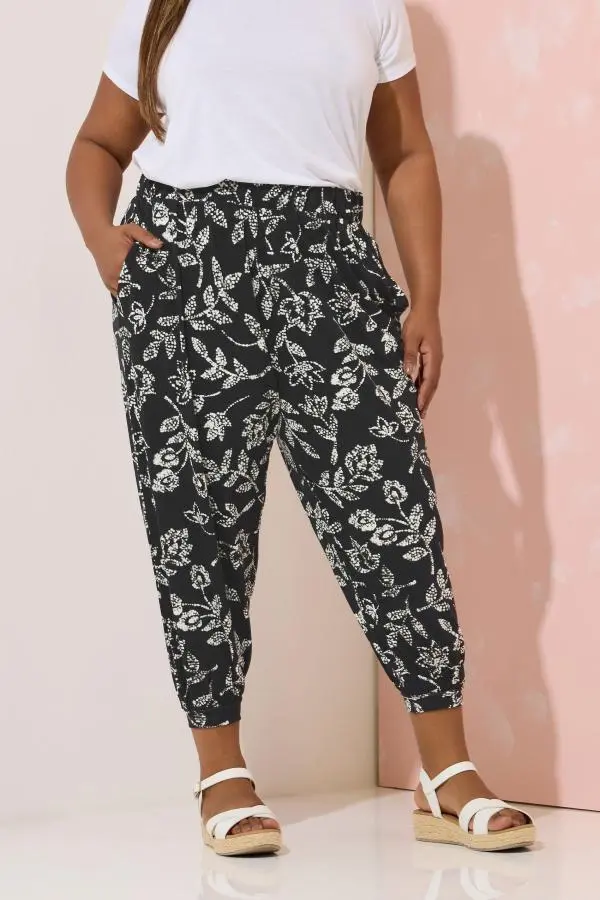 Yours Curve Black Vine Print Cropped Harem Trousers, Women's Curve & Plus Size, Yours