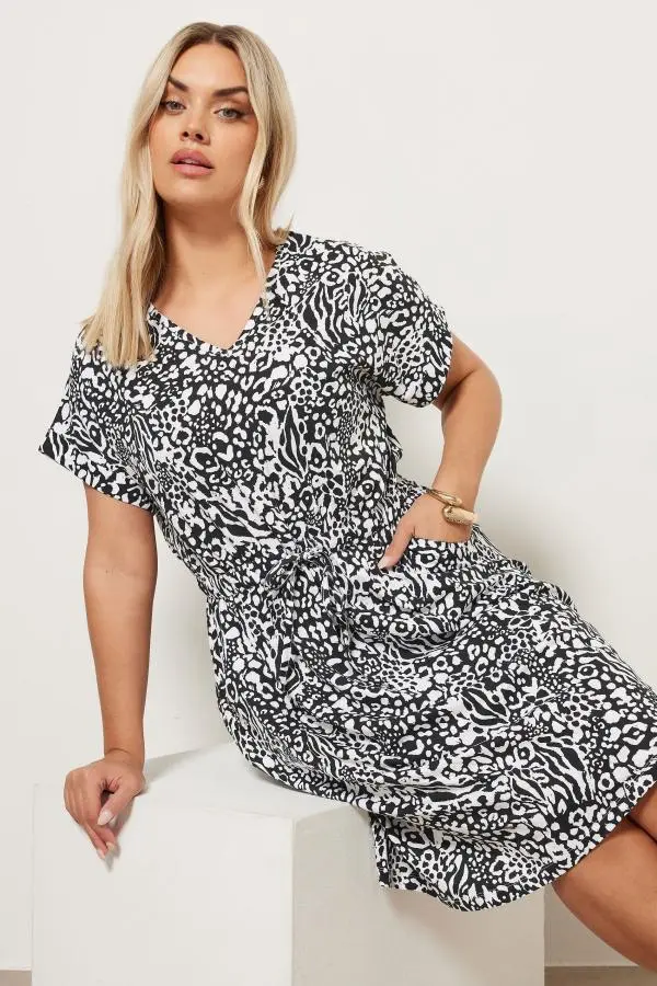 Yours Plus Size Black & White Animal Print Cotton Tshirt Dress Size 18