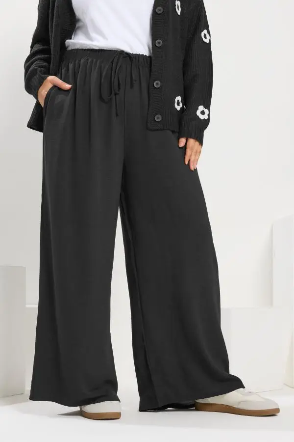 Yours Plus Size Black Twill Wide Leg Trousers Size 34-36