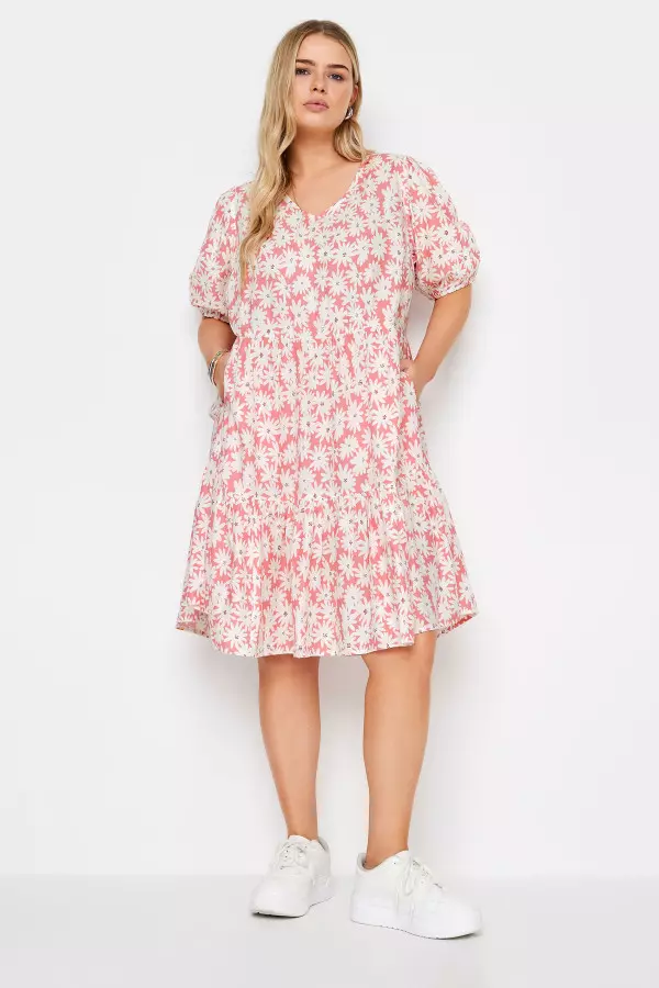 Yours Curve Pink Floral Print Tiered Dress, Women's Curve & Plus Size, Yours