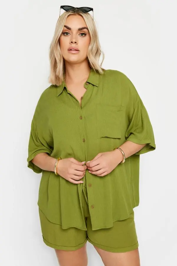 Yours Curve Olive Green Crinkle Shirt, Women's Curve & Plus Size, Yours