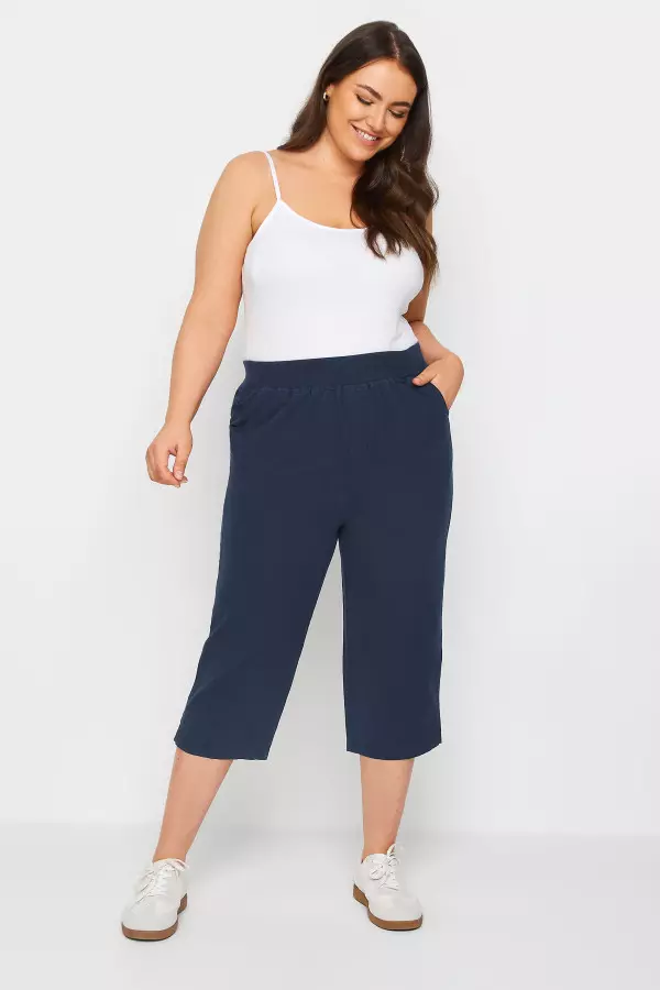 Yours Curve Navy Blue Elasticated Cool Cotton Cropped Trousers, Women's Curve & Plus Size, Yours