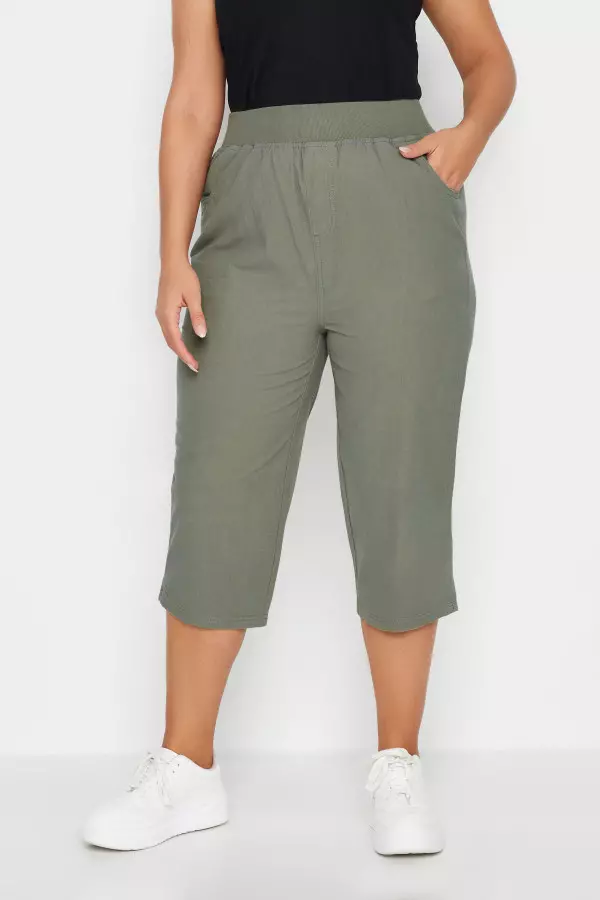 Yours Curve Khaki Green Elasticated Cool Cotton Cropped Trousers, Women's Curve & Plus Size, Yours