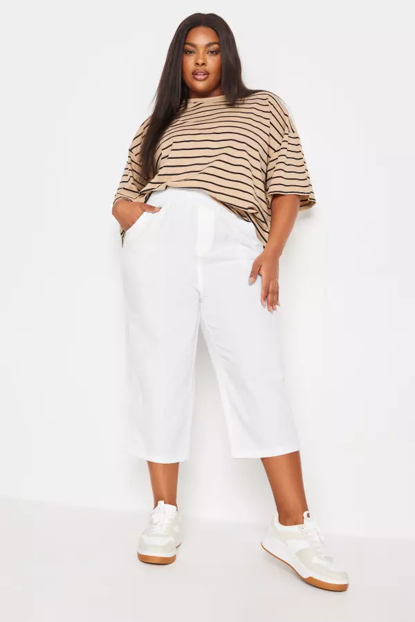 Yours Curve White Elasticated Cool Cotton Cropped Trousers, Women's Curve & Plus Size, Yours