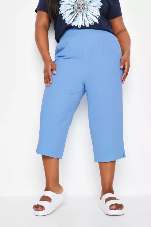 Yours Curve Light Blue Elasticated Cool Cotton Cropped Trousers, Women's Curve & Plus Size, Yours