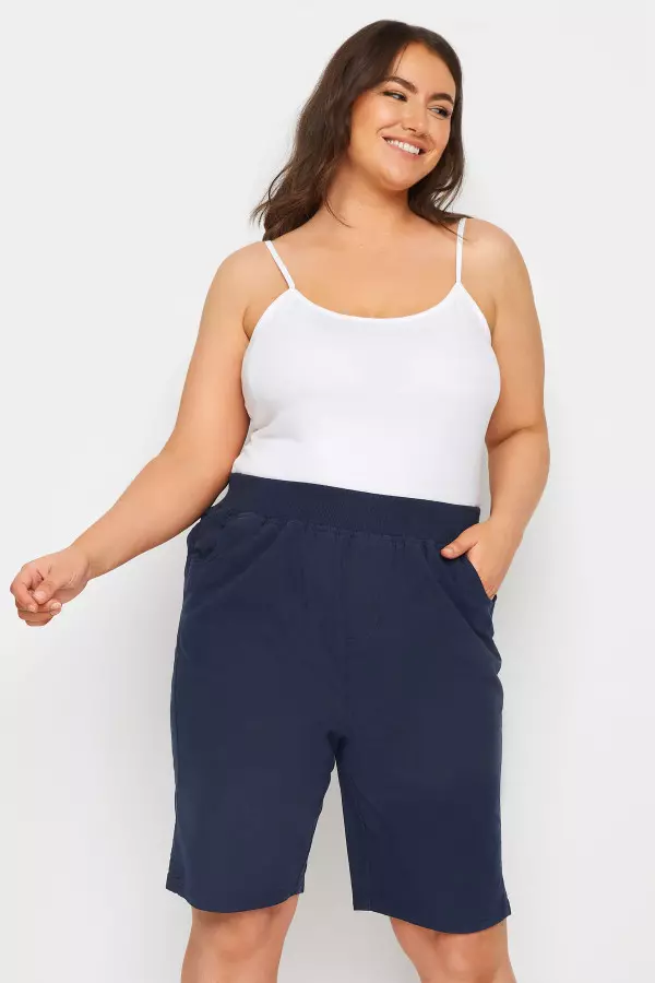 Yours Curve Navy Blue Elasticated Cool Cotton Shorts, Women's Curve & Plus Size, Yours