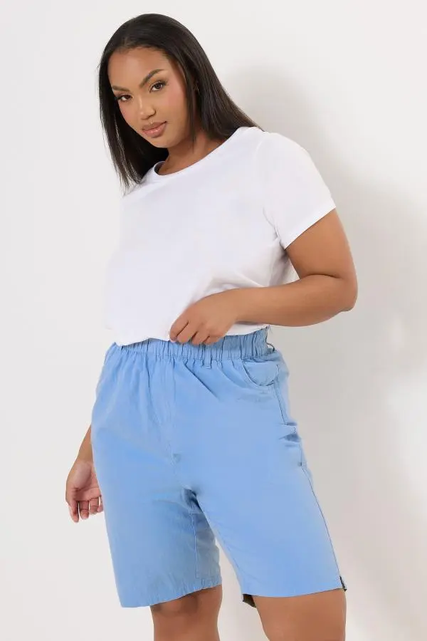 Yours Curve Light Blue Elasticated Cool Cotton Shorts, Women's Curve & Plus Size, Yours
