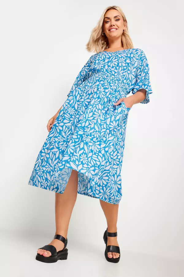 Limited Collection Curve Blue Floral Print Linen Midaxi Dress, Women's Curve & Plus Size, Limited Collection