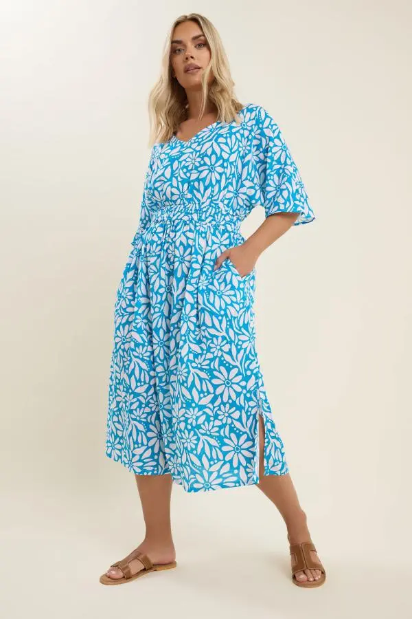Yours Curve Blue Floral Print Linen Midaxi Dress, Women's Curve & Plus Size, Yours