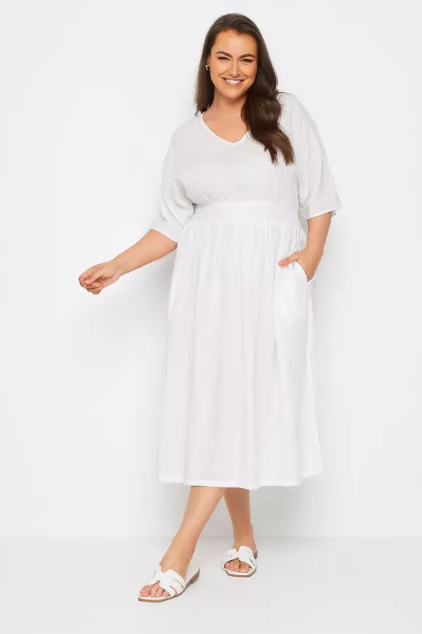Limited Collection Curve White Linen Shirred Midaxi Dress, Women's Curve & Plus Size, Limited Collection