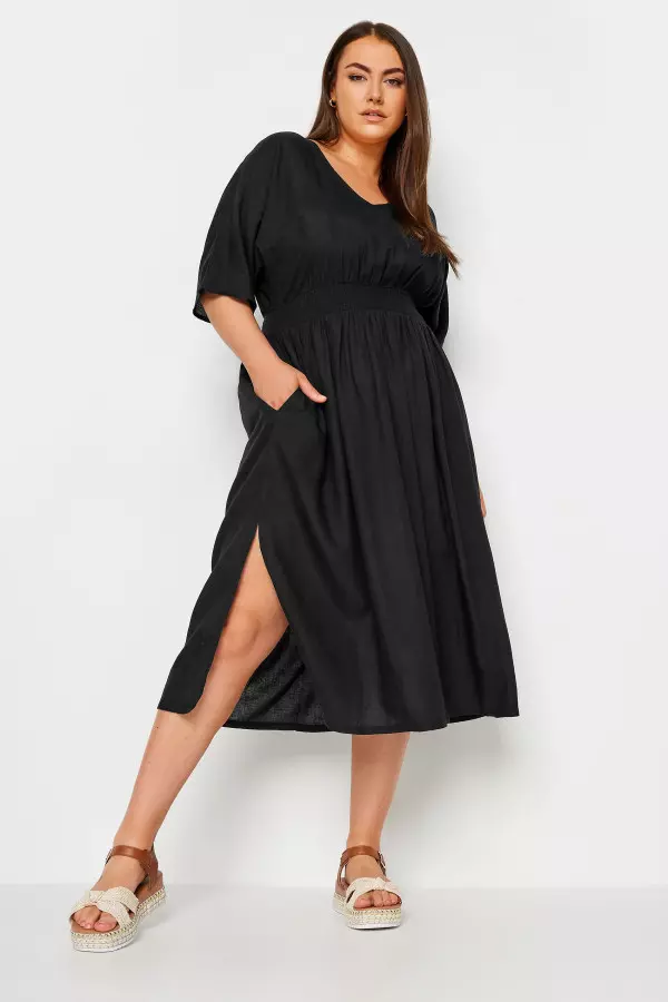 Limited Collection Curve Black Linen Shirred Midaxi Dress, Women's Curve & Plus Size, Limited Collection