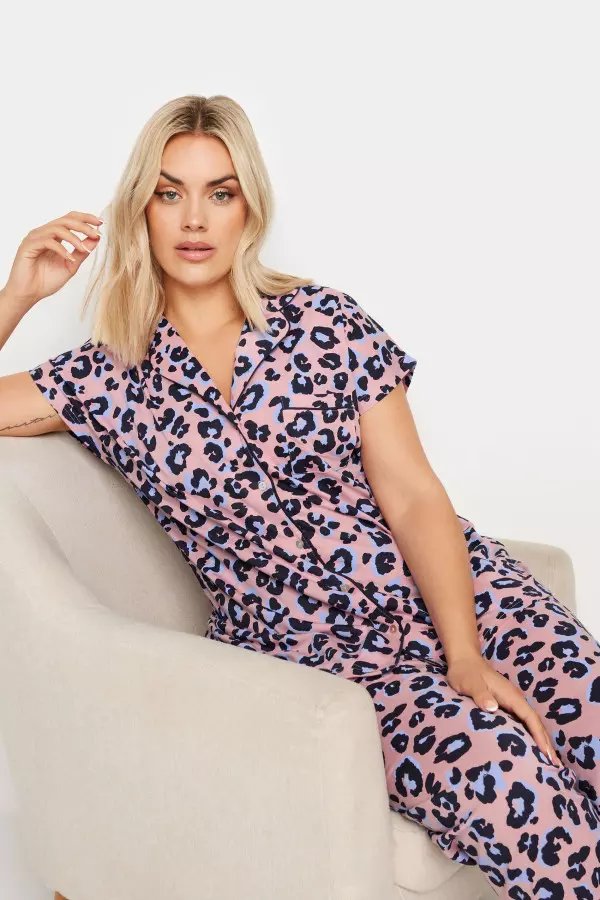 Yours Curve Pink Leopard Print Button Through Pyjama Set