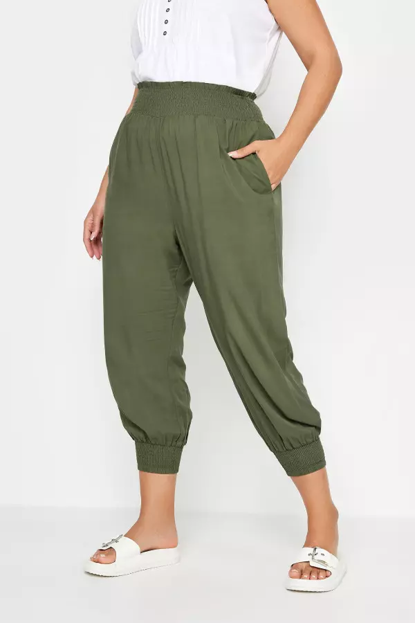 Yours Curve Khaki Green Shirred Harem Trousers, Women's Curve & Plus Size, Yours