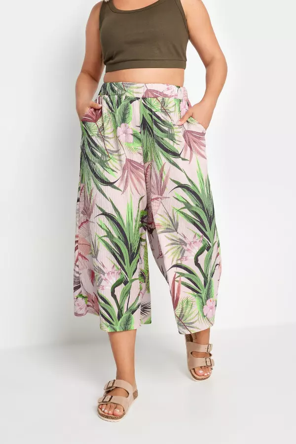 Yours Curve Pink Tropical Print Textured Cropped Trousers, Women's Curve & Plus Size, Yours