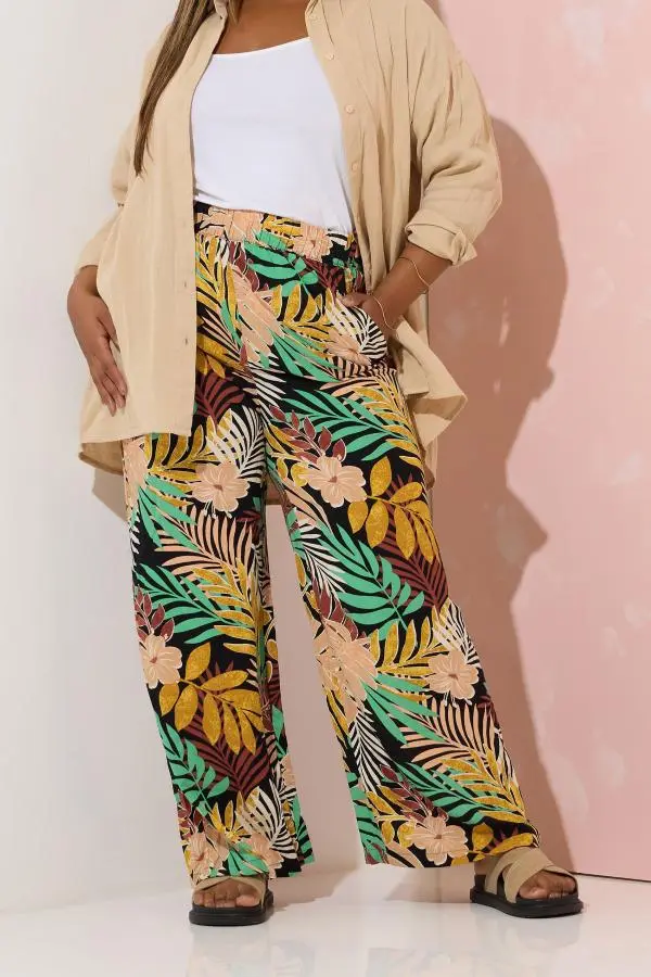 Yours Curve Black Tropical Print Wide Leg Trousers, Women's Curve & Plus Size, Yours