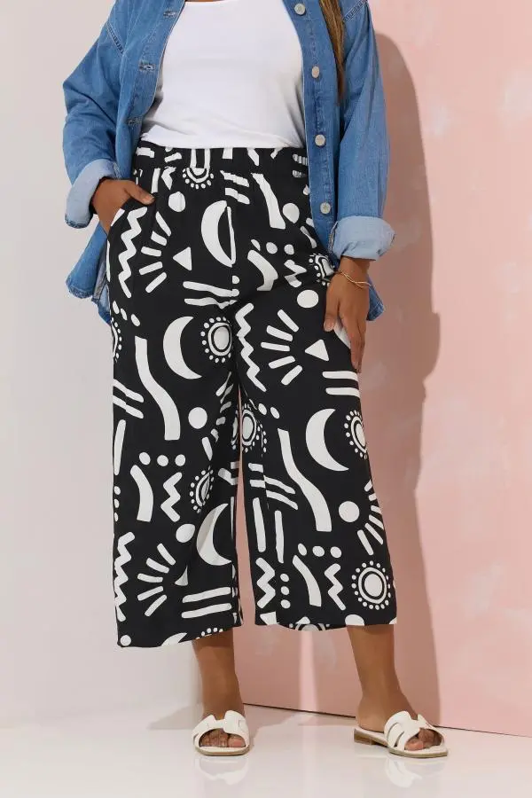 Yours Curve Black Abstract Print Wide Leg Cropped Trousers, Women's Curve & Plus Size, Yours
