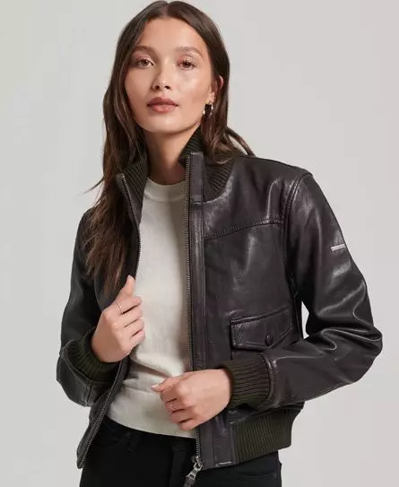 Superdry Women's Knit Collar Leather Bomber Jacket Brown / Chocolate Brown - 