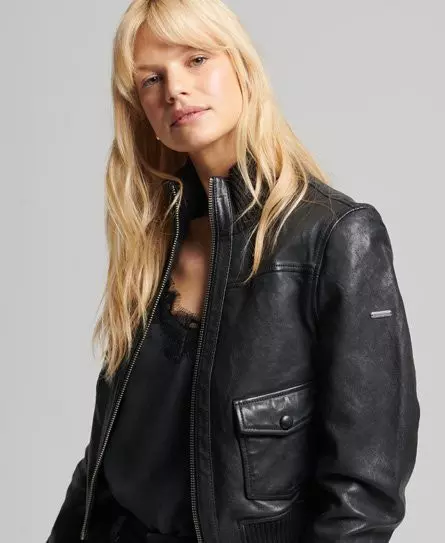 Superdry Women's Knitted Collar Leather Bomber Jacket Black - 