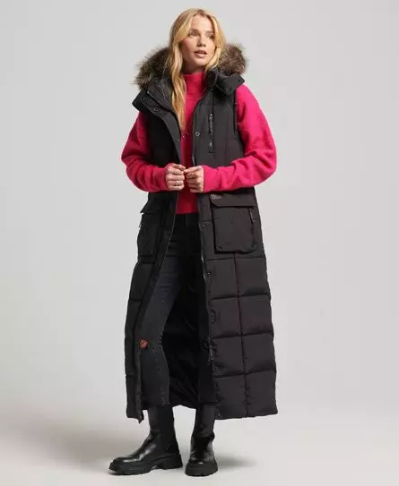 Superdry Women's Hooded Faux Fur Longline Puffer Gilet Black - 