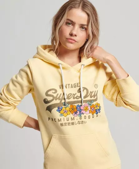 Superdry Women's Vintage Logo Premium Goods Floral Hoodie Yellow / Golden Haze - 